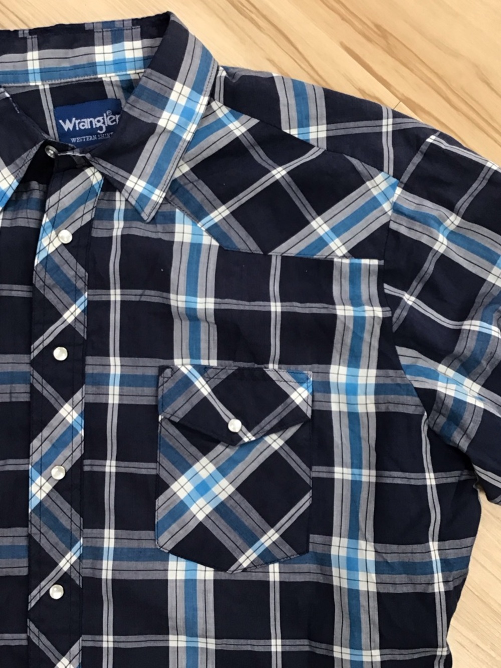 Y2K Wrangler Navy & Light Blue Plaid Pearl Snap Shirt XL‎ Western Cowboy Rodeo - Picture 1 of 8